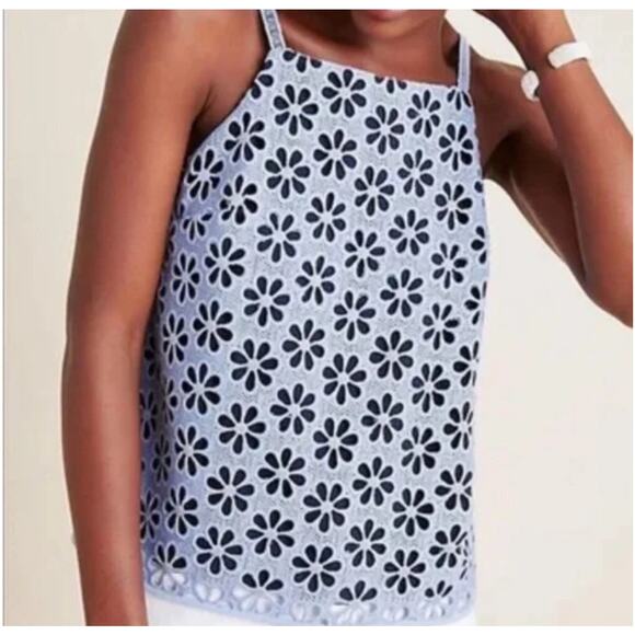 Anthropologie Maeve Daisy Cutout Eyelit Blue Tank Top Y2K 0 - Picture 1 of 10